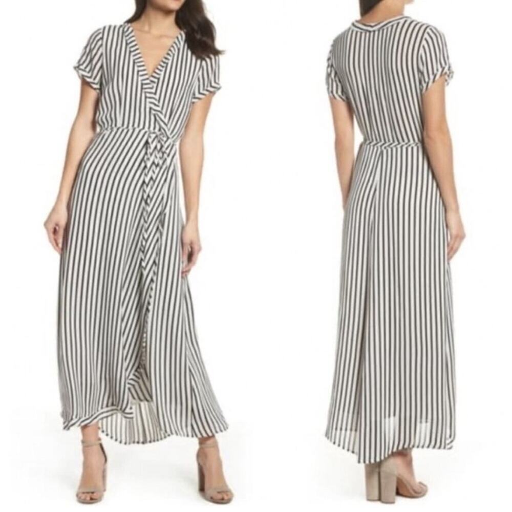 Bardot Adie Maxi Wrap Dress Black and White Striped Short Sleeve US 6 Small $119 - Picture 2 of 11